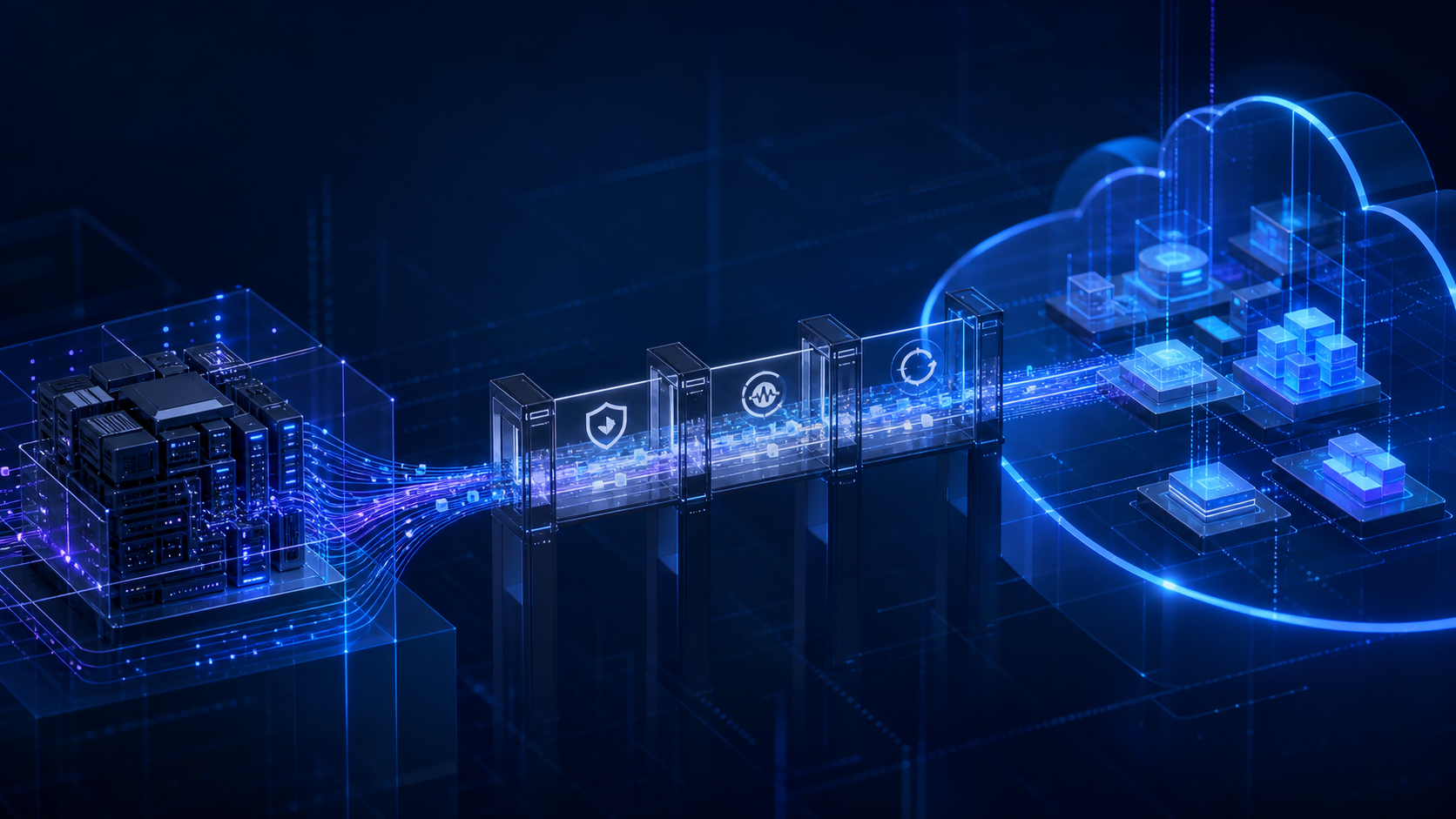 Legacy systems connected through security and observability checkpoints to a modular cloud platform