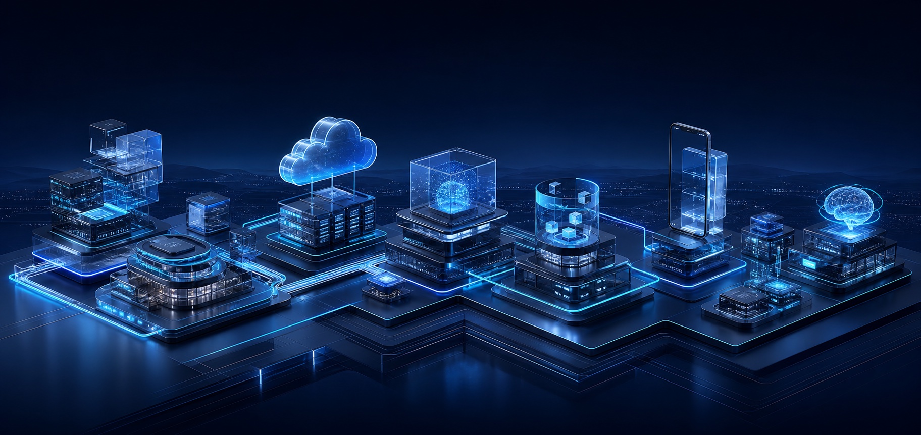 An interconnected ecosystem representing cloud, software, data, mobile, automation and AI capabilities