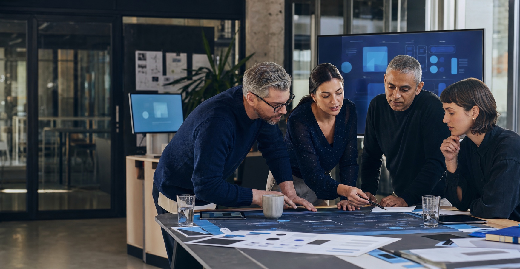 A multidisciplinary technology team collaborating around a product system map